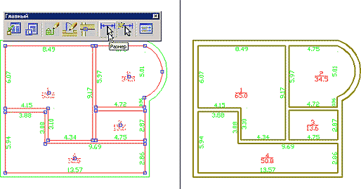 Рис. 9. Автоматическая простановка размеров на плане; Рис. 10. Преобразование контуров в стены